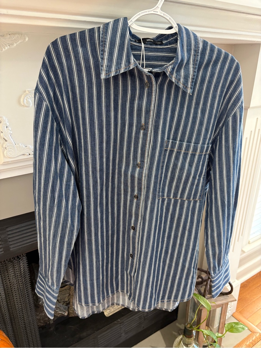 Mango women’s lightweight denim and White Vertical Stripe Button-Down Shirt